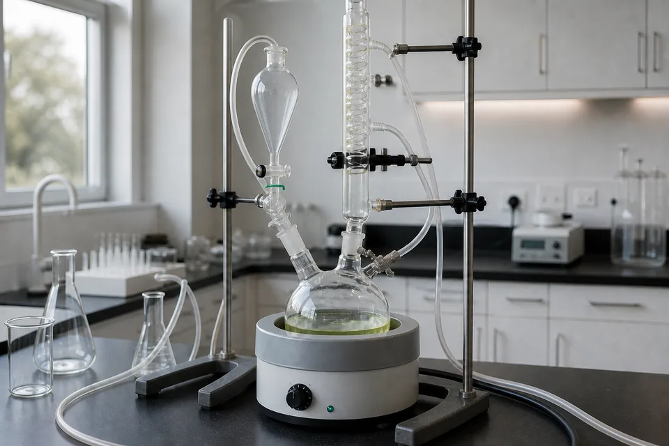 Contemporary chemistry bench with synthesis glassware and reaction apparatus