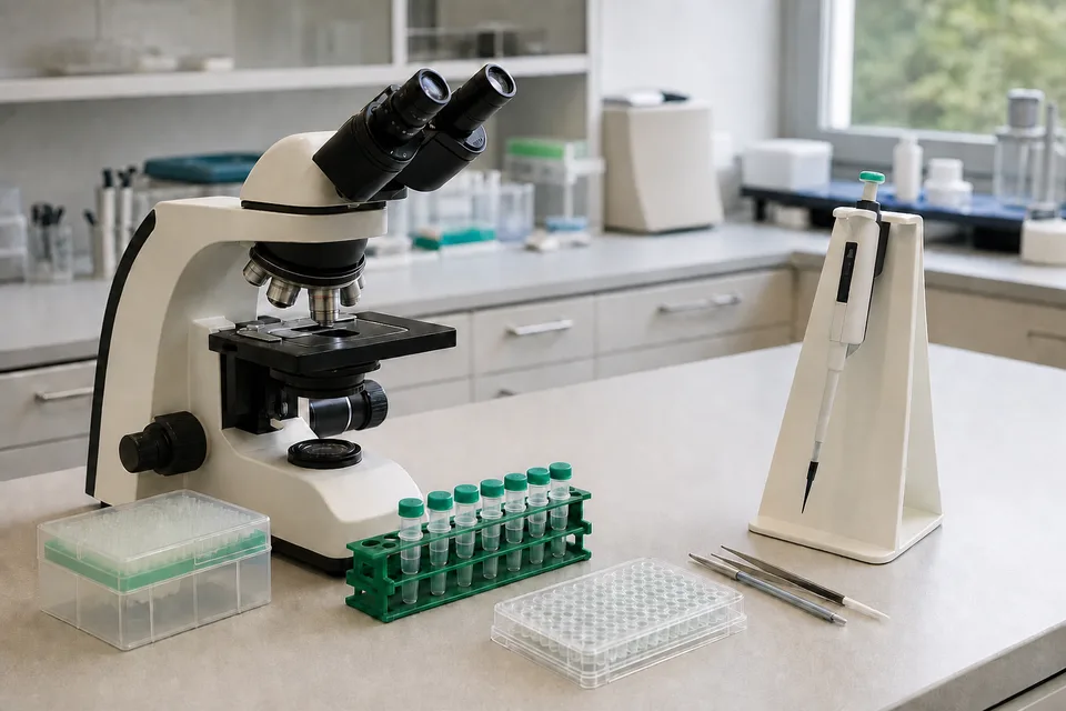 Modern life-science bench prepared for microscopy and sample work