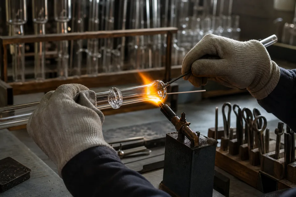 Scientific glassblower shaping clear laboratory glassware over a bench torch
