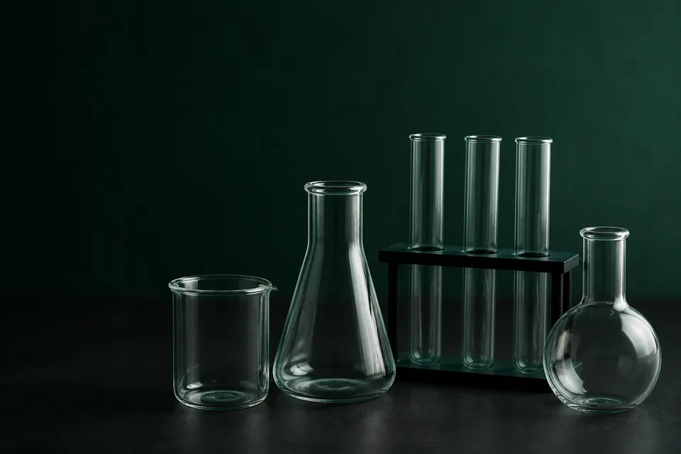 Clear laboratory beakers, flasks and test tubes arranged on a dark green worktop